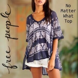 FREE PEOPLE No Matter What Oversized Cotton Mesh Top in Navy/White NWT